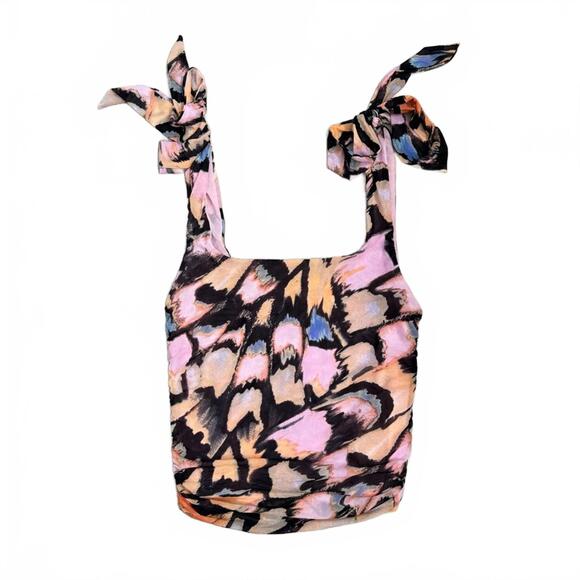 Free People Avenue Black Abstract Print Tie Sleeve Crop Tank Top- Size Small - Picture 2 of 6